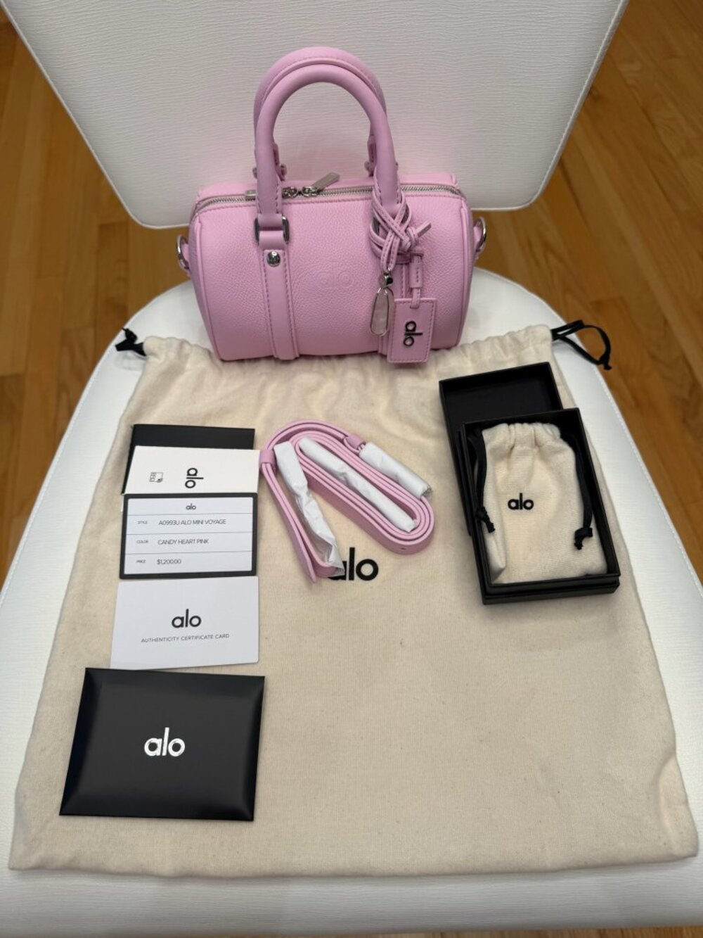 NWB Alo Mini Voyage Bag Candy Heart Pink Italian Leather Sold Out Full Set